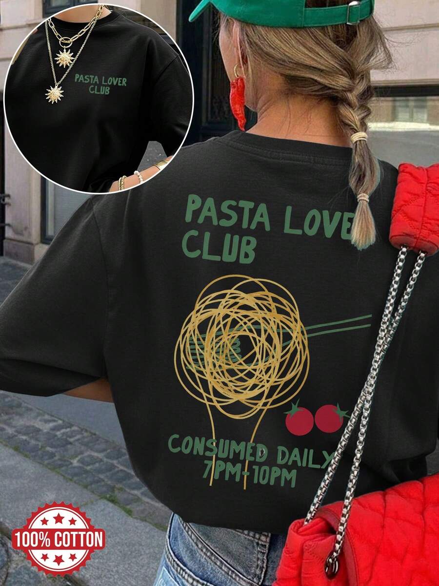 T-shirt alla moda da donna con stampa fronte-retro, capo estivo, stile fresco, stampa pasta e pomodori, girocollo, maniche corte, spalle scese, taglio ampio. - nero - Visualizzare 1