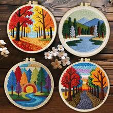 DIY 戳戳繡刺繡套件，適合初學者。包含戳戳針、毛線、指南、刺繡框和預印布料。季節性彩色森林風景圖案。創意手工，適合牆面裝飾和禮物。2D 印刷套裝。20x20cm/7.87in - 20X20CM - 查看 3