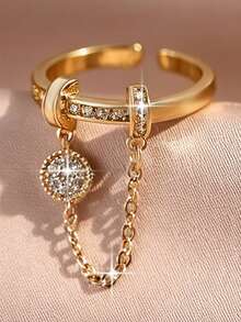 1pc Exquisite Sparkling Hanging Pendant Cubic Zirconia Gold-Plated Adjustable Rings,For Daily Wear,Dates,Vacation,Summer Beach,Bohemian Style Jewelry - Yellow Gold - View 7