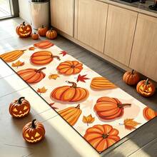 1pc Kitchen Rug, Halloween Pumpkin & Ghost Print Long Runner Mat, Kitchen Entryway Hallway Decorative Carpet, Holiday Atmosphere Soft Decor, Suitable For Indoor Home Scenes, Fun Cartoon Pattern Design, Adding Unique Halloween Vibe - Orange - View 1
