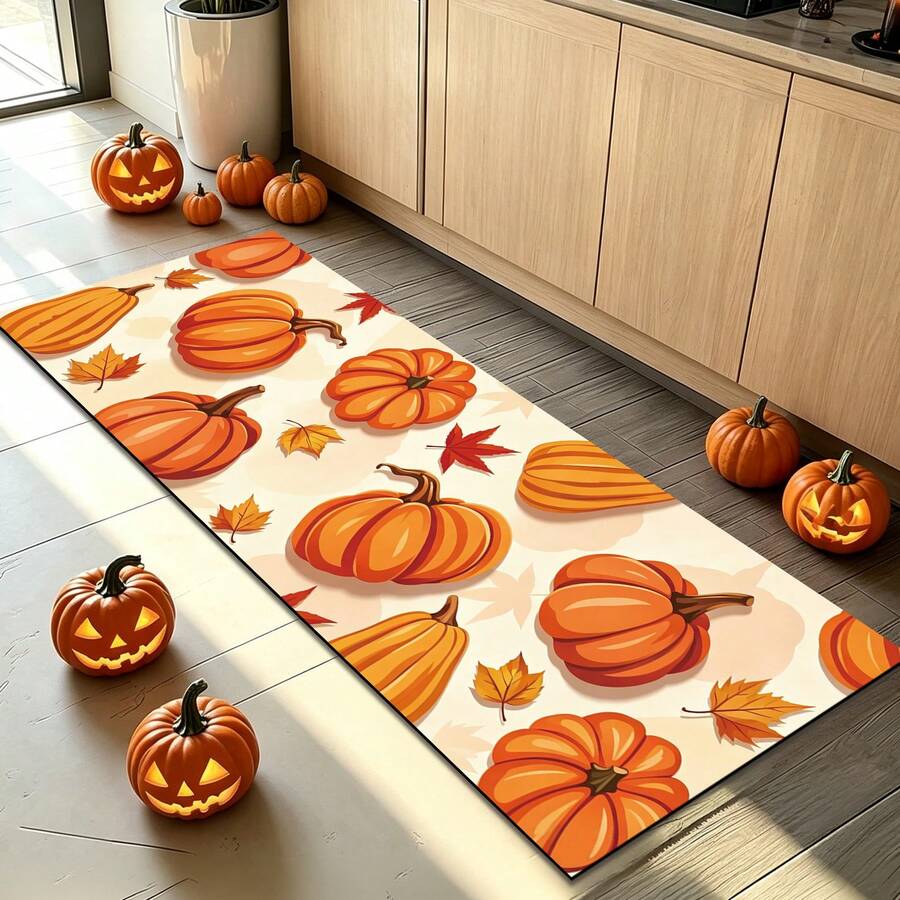 1pc Kitchen Rug, Halloween Pumpkin & Ghost Print Long Runner Mat, Kitchen Entryway Hallway Decorative Carpet, Holiday Atmosphere Soft Decor, Suitable For Indoor Home Scenes, Fun Cartoon Pattern Design, Adding Unique Halloween Vibe - Orange - View 1