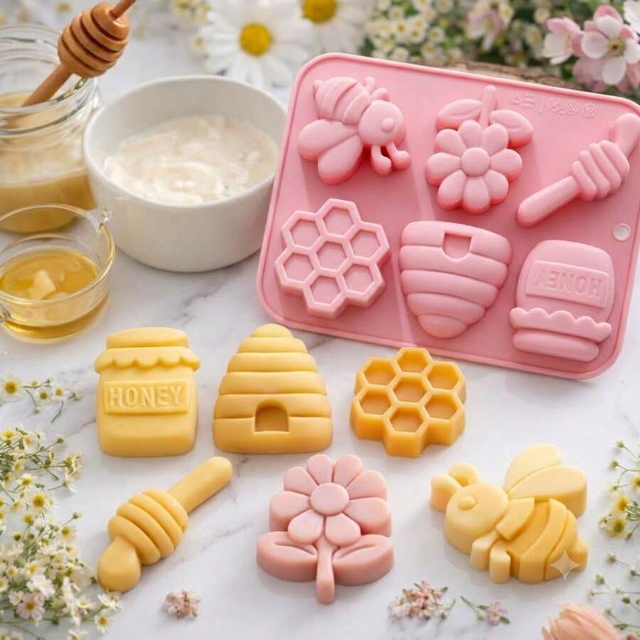 1pc 6-Cavity Bee & Flower Silicone Mold, Themed Silicone Soap Mold, Bee Honeycomb & Flower Candle Mold, Suitable For DIY Crafts, Wedding Decor, Polymer Clay, Candles, Plaster - Pink - View 1