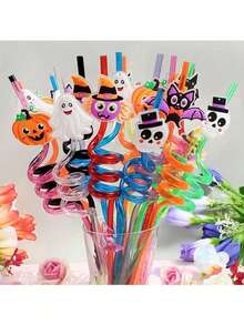 2pcs/Set Shiny Halloween Themed Straws, Made Of Durable And Reusable PET Material, Designed With Bat, Skull, Pumpkin And Witch Spider Patterns. Perfect For Birthday Parties And Spooky Halloween Party Gifts. - Multicolor - View 4