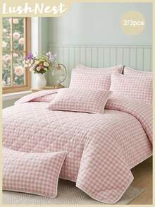2/3pcs Pink Fresh Plaid Bedding Set (1pc Bed Cover + 1/2pcs Pillowcases), Minimalist Design, Multi-Functional, Modern Minimalist Polyester Fabric, Soft And Comfortable, Suitable For Master Bedroom And Guest Bedroom - Multicolor - View 2
