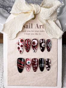 10pcs Dark Gothic Style 3D Acrylic Press-On Nails, Blood Eye And Spider Web Pattern, Medium Almond Shape, Suitable For Halloween Party And Themed Costume Events - Multicolor - View 1