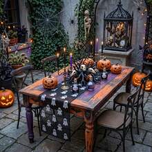 1 pieza Camino de mesa decorativo con patrón de fantasma de Halloween, crea una atmósfera festiva, adecuado para comedor, patio y otros caminos de mesa decorativos - Negro - Ver 5
