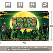 Zombie Birthday Backdrop Halloween Spooky Graveyard Full Moon Banner Kids Party Decoration Horror Theme Photo Prop - View 2