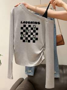 Light Gray Asymmetric One-Shoulder Plaid Ice Cream Letter Print Long Sleeve T-Shirt Women Autumn Side Ruched Slim Fit Pure Desire 2 In 1 Camisole Off-Shoulder Base Layer Top - Light Grey - View 3