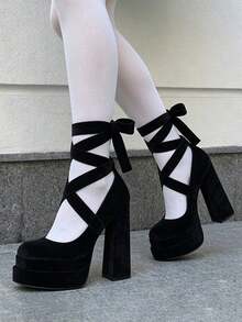 Platform High Heels For Women Goth Sexy Bow Chunky Heel Mary Janes Dressy Ankle Strap Round Closed Toe Y2K Shoes Elegant Outfits Valentine's Day - 黑色 - 查看 2