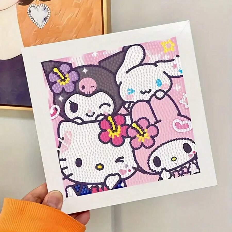 1pc Vibrant Sanrio Hello Kitty & Kuromi 5D Diamond Painting DIY Kit, 6.69x6.69 Inch Full Round Rhinestone Art With Frame - Creative Home Decor Handicraft, Desktop Display Mosaic Wall Art - Multicolor - View 1
