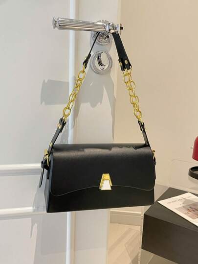 French Style Chain Solid Color Leather Underarm Bag For Women, Versatile Shoulder Commuter Bag, Fashionable Phone Small Square Bag, Elegant Crossbody Bag