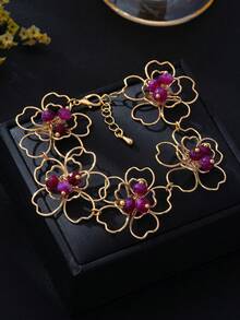 1pc Hollow Floral Design Rose Red Begonia Chain Bracelet, Unique Niche Design Bangle - Purple - View 4