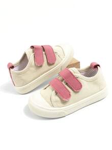 Infant Beige Canvas Casual Shoes, Pink Double Hook & Loop Fastener, Round Toe Flat Sole Versatile Style, Suitable For Daily Outdoor Activities/School Wear - Pink - View 4