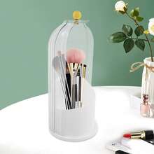Rotating Makeup Brush Holder With Clear Dust Cover, Multi-Compartment Cosmetic Organizer With Dome Lid, Desktop Storage Cup For Brushes, Lipsticks And Other Beauty Makeup Tools - 透明白 - 查看 10