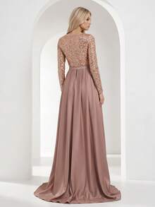 YISIKADO Women's Elegant Sequins Long Sleeve Maxi Mermaid Formal Party Dress With Round Neck - Champagne - View 2