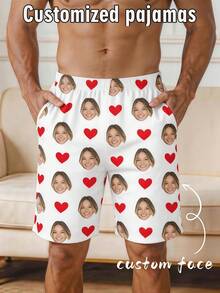 Custom Men's Pajama Shorts With Face Photo Print And Heart Pattern, Beachwear Swim Trunks, Boyfriend Holiday Gift - White - View 2