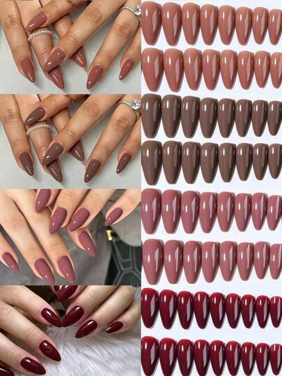 96pcs (4 Mixed Styles) Long Almond Glossy Acrylic Press-On Nails, Perfect For Long Nails, Set Includes: 4 Jelly Glue And 2 Nail Files, Suitable For Daily Wear, Party Manicure And Other Occasions For Women And Girls