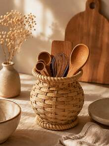 1pc Round Woven Rattan Kitchen Organizer, Wicker Utensil Holder And Countertop Storage Basket For Spatulas, Spoons, Whisks, Cutlery And Chopsticks - Multicolor - View 3