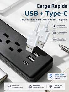 Power Strip With 6 Outlets, 2 USB + 1 Type-C, 1.8m - US A Type Plug(110-127V) - View 5