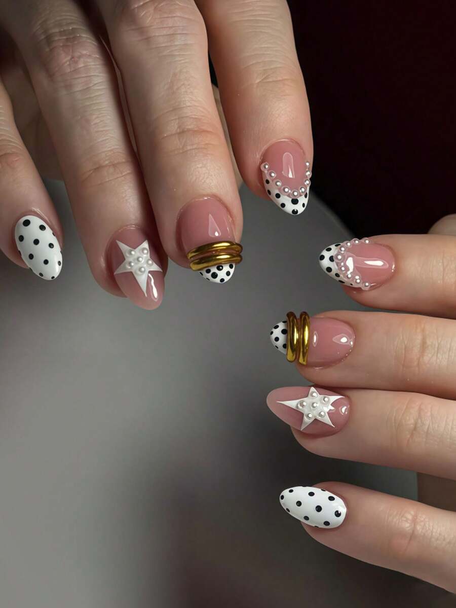 24 Peças Unhas Postiças de Formato Amendoado Curto Estilo Minimalista, Design Elegante com Acabamento Dourado 3D, Estrela Francesa e Pérola Incrustada, com Cola de Gelatina e Lixa de Unha, Adequado para Uso Diário, Baile de Formatura e Arte de Unhas para Festa - Multicolorido - Visão 1