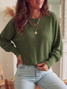 Plus Size Casual Solid Color Batwing Sleeve Top, Autumn/Winter - Green - View 4