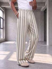 GRDR Men's Summer Striped Loose Drapey Casual Drawstring Elastic Waist Wide Leg Long Pants - Grey - View 2