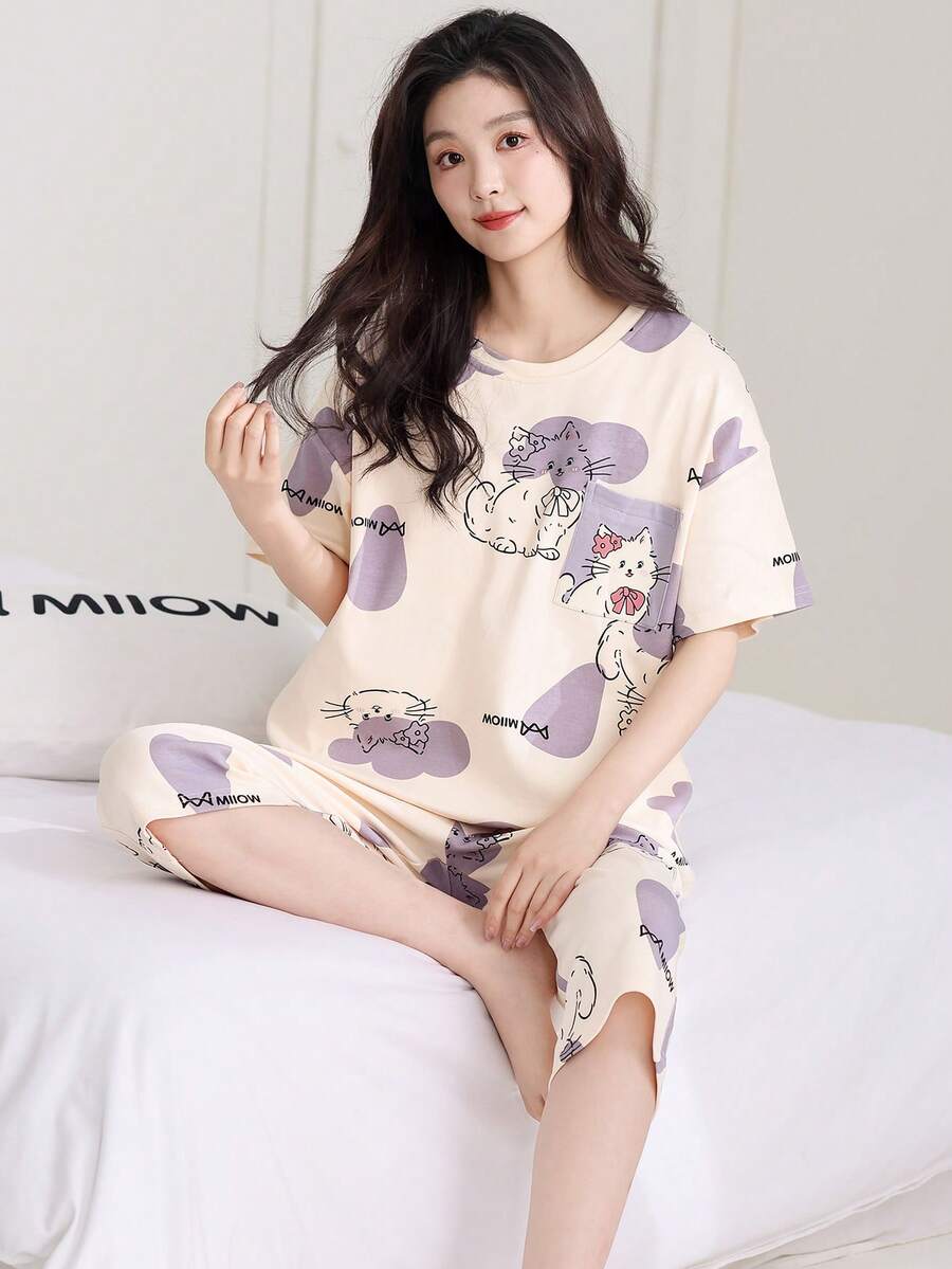 AICJ 2 件女式休闲可爱猫咪和字母印花粉色上衣、七分裤/短裤/休闲裤、春夏居家派对度假睡衣套装 - 彩色 - 查看 1