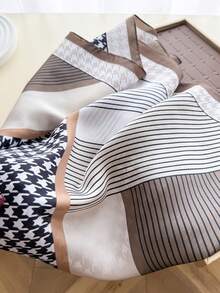 1pc Women's Vintage Houndstooth Diagonal Striped Small Square Bandana, Colorblock Geometric Patchwork Satin Silk Scarf, Versatile Necktie Hairband Bag Tie, Commuter Office Chic Outfit Accessory - Multicolor - View 2