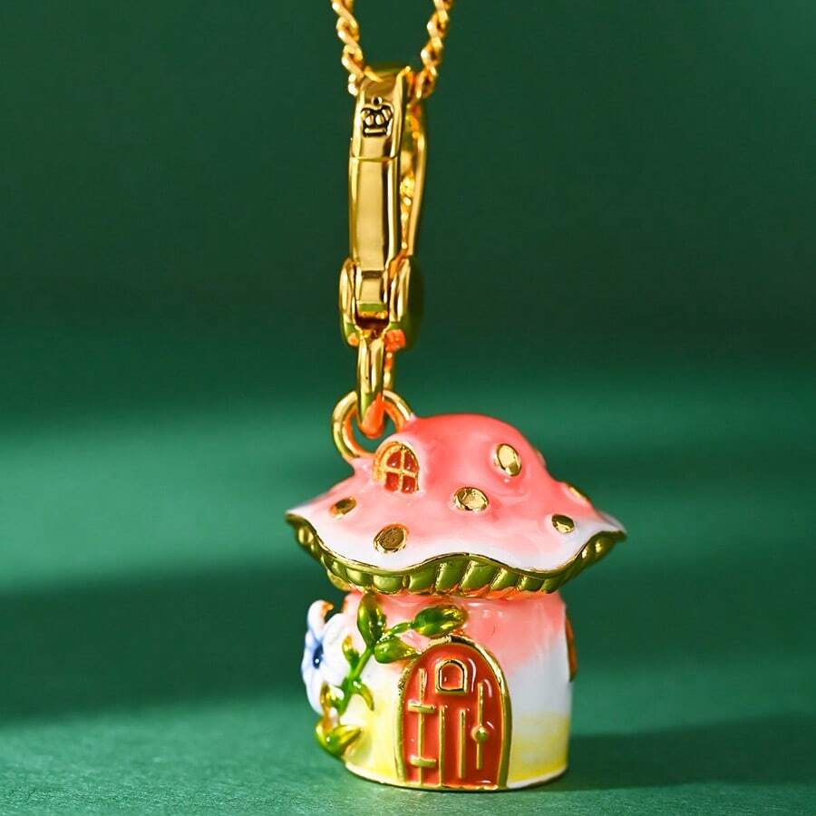 1件精緻時尚3D琺瑯兔子蘑菇屋吊墜項鍊，手繪可愛動物星座吊飾，適合女性日常配戴 - 可打開兔子蘑菇屋吊墜項鍊 - 查看 1