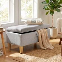 Linen Storage Bench, Padded Ottoman With Rubberwood Legs, Dust-Proof Chest, Light Gray - 淺灰色 - 查看 2