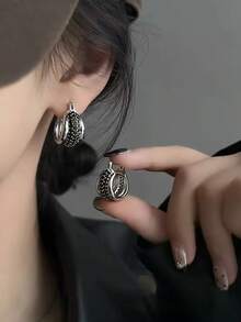 1 Pair Fashionable Personalized Cubic Zirconia Geometric Hoop Earrings Suitable For Women's Daily Wear And Gatherings - Silver+Black - View 6