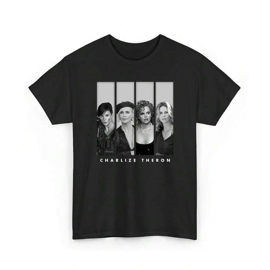 Sudadera con diseño de cuadrícula de Charlize Theron, sudadera divertida de Charlize Theron con cuello redondo, camiseta - Negro - Ver 1