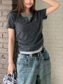 休闲美式风格刺绣二合一收腰短袖T恤，夏季百搭又显瘦 - 灰色 - 查看 3