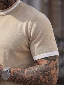 Men's Contrast White Trim Knit Short Sleeve - Crew Neck Breathable Versatile Base Layer Top - Apricot - View 4