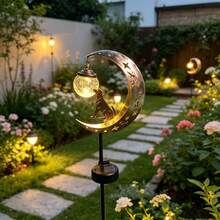 Solar Powered Garden Stake Lights, Vintage Metal Crescent Moon Dog Statue Decor, Decorative Cracked Glass Ball Landscape Lights, Suitable For Yard Lawn Patio Pathway Backyard Decoration, Ideal Holiday Housewarming Gift - Puppy Floor Socket - View 1