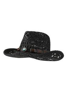 1 pieza Sombrero de paja de vaquero occidental blanco crema con ganchillo hueco, decoración de hebilla de cuero turquesa bohemio, ala ancha tejida transpirable y llamativa para protección solar, estilo vintage de vacaciones que favorece el rostro, adecuado para salidas a la playa y festivales de música - sombrero de paja - Ver 10