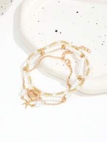 Juego de 3 tobilleras con estilo de playa de verano, cuentas de arroz blancas CCB, concha, estrella de mar y perlas falsas, tobilleras apilables de varias capas para mujeres - Dorado - Ver 3