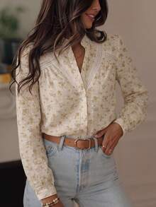 ii Casual Elegant Lace Patchwork Print Blouse Spring - Apricot - View 3