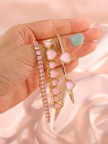rakol 3pcs Cute Sweet Cool Style Pink Heart Zirconia Stackable Bracelet Set, Suitable For Gifting To Best Friends And Wearing At Social Parties - Style 1 - View 5