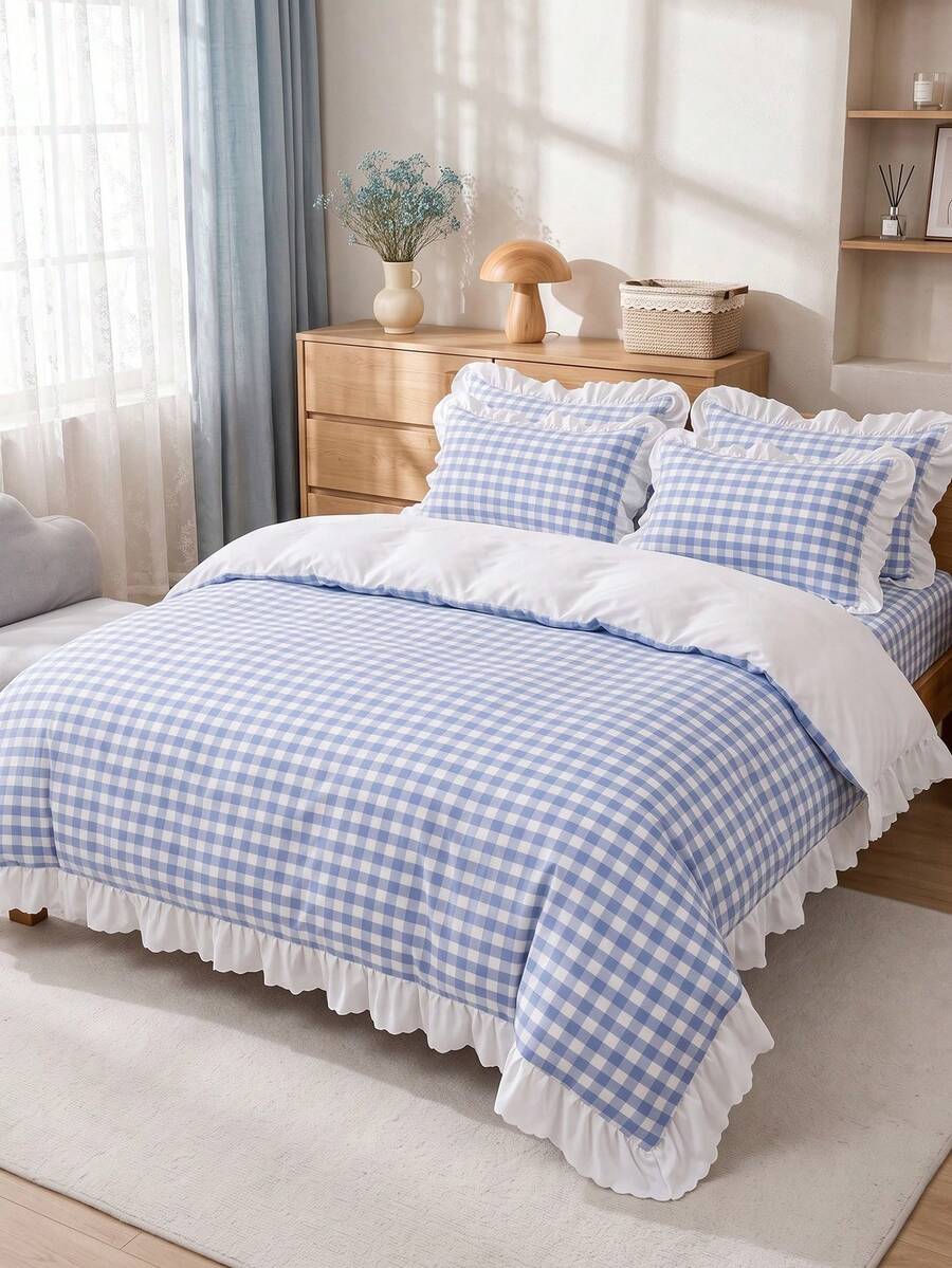 2/3pcs Ruffled Duvet Cover Set, Dorm Bedding, Blue Plaid Bedding Set, Cozy Room Decor, Skin-Friendly & Breathable, Supersoft& Anti-Pilling, No Insert, Fits Twin Full King Queen, All Seasons, Machine Washable, Back To School