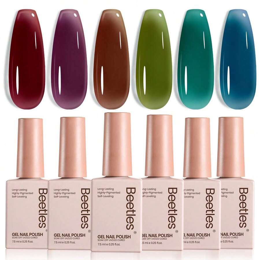 Beetles 6 Colors Midnight Syrup Jelly Gel Nail Polish Set, Mocha Brown Burgundy Red Purple Green Blue Sheer Translucent Gel Polish Kit, Soak Off UV LED Nail Art Manicure - 6 Colors Midnight Syrup Jelly - 查看 1