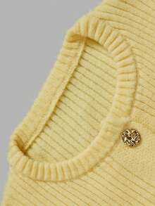 Nicenter Women's Autumn/Winter Comfortable Ribbed Knit Ruffle Trim Round Neck Button Short Cardigan Sweater Long Sleeve Basic Top - Yellow - View 5