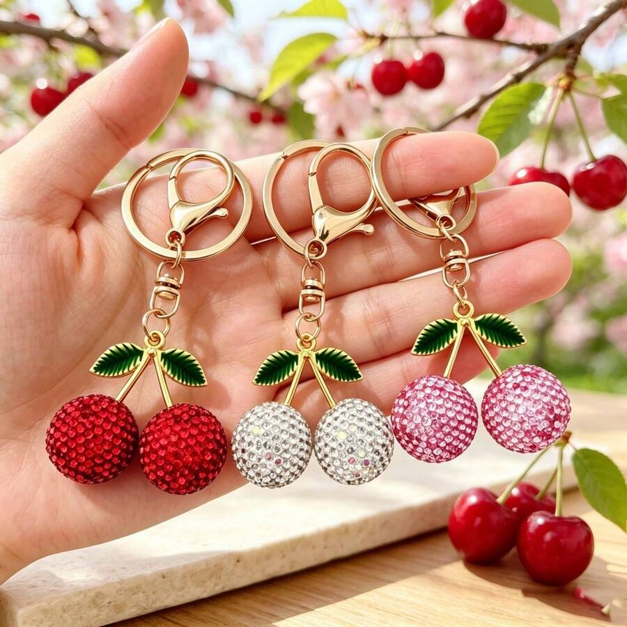 1/3pcs INS Style Rhinestone Cherry Keychain, Exquisite Full Rhinestone Design, 3 Popular Color Options, Thickened Metal Lobster Clasp, Durable And Sturdy, Suitable For Backpack, Car Keys And Shoulder Bag, Girly Vibe, Perfect Small Gift, Versatile Key Pendant - Multicolor - View 1