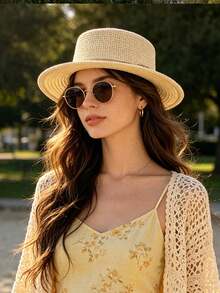 1pc Women's Straw Hat, Bohemian Polyester Fiber Fashion Outdoor New Style, Wide Brim Personalized Sun Protection Breathable Solid Color Straw Hat Suitable For Daily Outdoor Travel - Multicolor - View 8