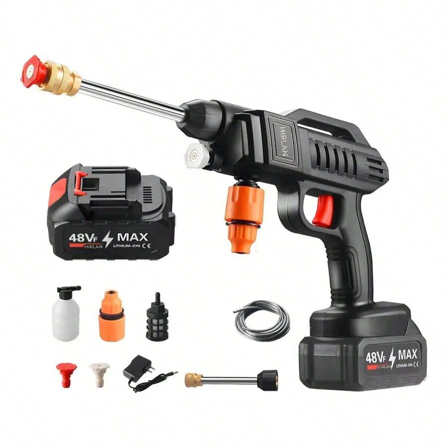 Pistola de limpieza profunda de alta presión. hidrolavadora para autos,Pistola de lavado de coches, hidrolimpiadora eléctrica inalámbrica con boquilla, batería de 48 V, cargador, depósito de detergente, manguera de 5 m, adecuada para lavar coches, jardines, patios, puertas y ventanas, color negro.
