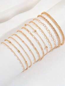 Set Gelang Emas Gaya Bohemian 11 Buah, Gelang Rantai Anyaman Berbentuk Hati Sederhana Kreatif untuk Wanita - Yellow Gold - View 2