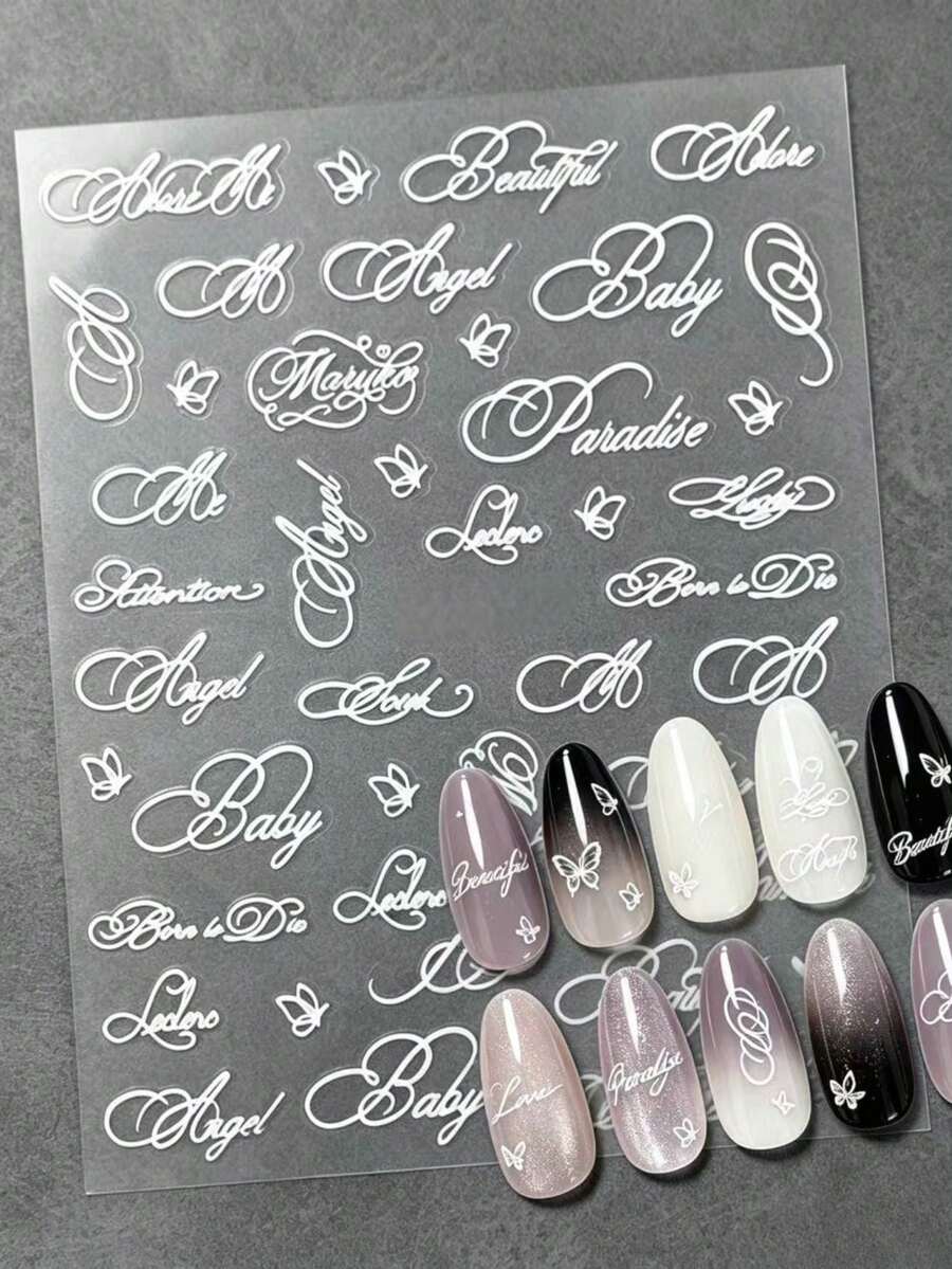1 Peça Adesivos de Arte de Unhas Nude Fosco Branco & Nude Café com Decoração de Letra Cursiva Inglesa Branca, Design de Linha Branca Limpa Adequado para Unhas Nude Branco Leitoso e Transparente Gelado, Estilo Minimalista de Letra Vintage, Suave e Texturizado para Encontros, Visitas a Lojas e Fotografia, Estilos de Texto Ricos, Corte Suave Sem Resíduos - Multicolorido - Visão 1