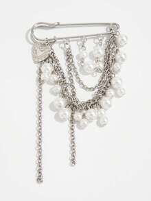 1pc Sweet Cool Retro Faux Pearl Chain Brooch Pin, Decorative Shorts Hem Chain - Silver - View 6
