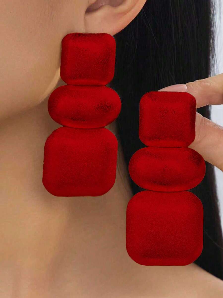 1 Pair Exaggerated Bold Polished Metal Geometric Connected Earrings Studs Dangle - Red - View 1