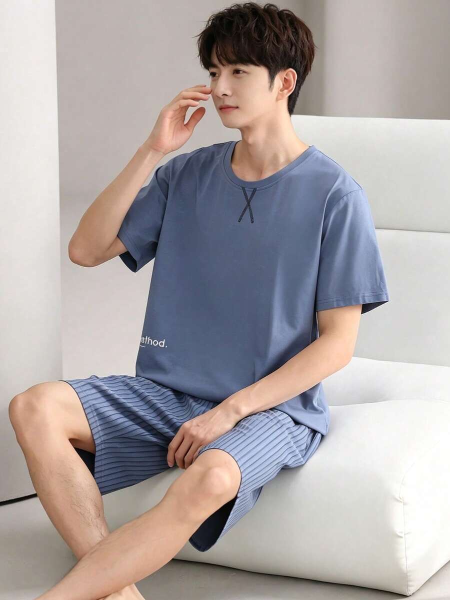 [AICJ Sleepwear]2pcs/Set Men's Solid Color Casual Loose Simple Pocket Round Neck Short Sleeve Plaid Shorts Pajamas Home Set, Spring/Summer - Baby Blue - View 1